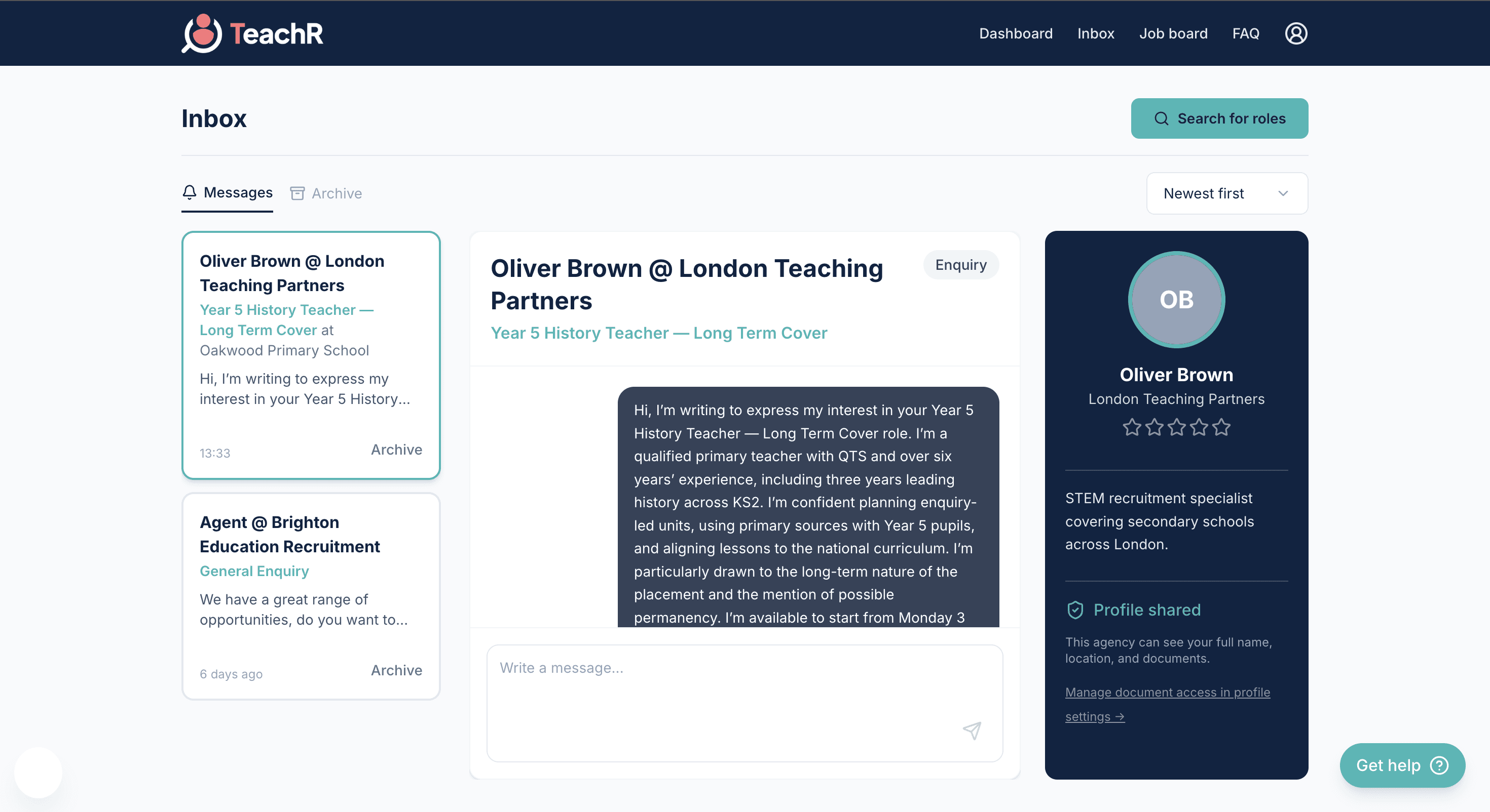 TeachR inbox for connecting with teaching agencies